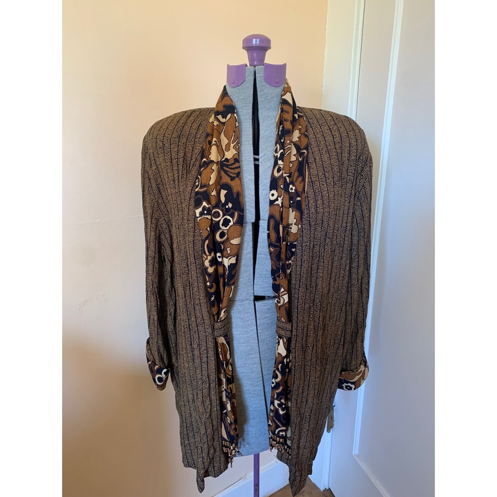Carole Little Petites Vintage 90s Beaded Tassel Open Front Jacket Brown Size 14